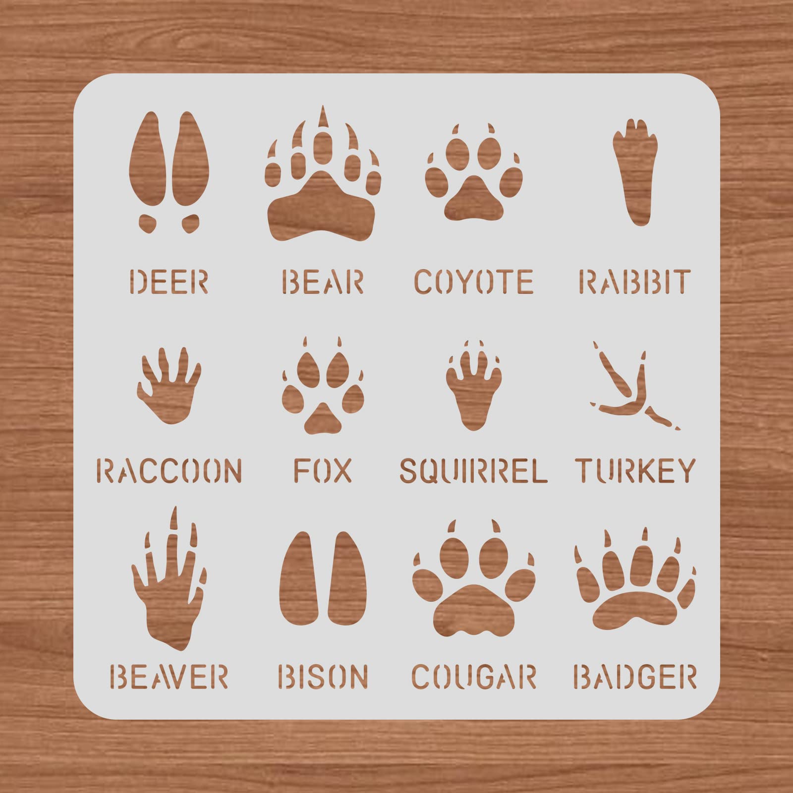 BENECREAT 12 Type Animal Footprint Paw Stencils, 30x30cm Deer/Bear/Rabbit/Fox/Turkey Drawing Stencils for Wood Wall Painting and Scrapbooking
