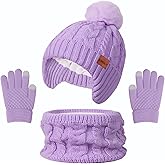 Kids Winter Hat Gloves Scarf Set,Beanie with Pom Earflaps Neck Gaiter Fleece Lined Touchscreen Gloves for Girls Boys 3-10Y