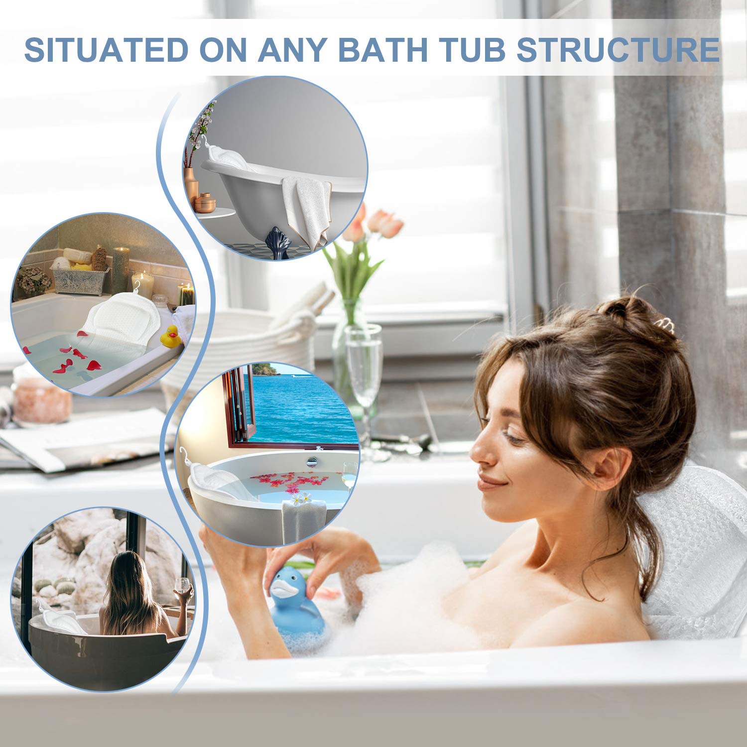 Bath Pillow for Tub, Powsure Luxury Bathtub Spa Pillow for Head, Neck, Shoulder and Back Support, 4D Air Mesh & Soft Bath Tub Pillows with 6 Non-slip Suction Cups, Fits all Bathtub and Home Spa : Beauty
