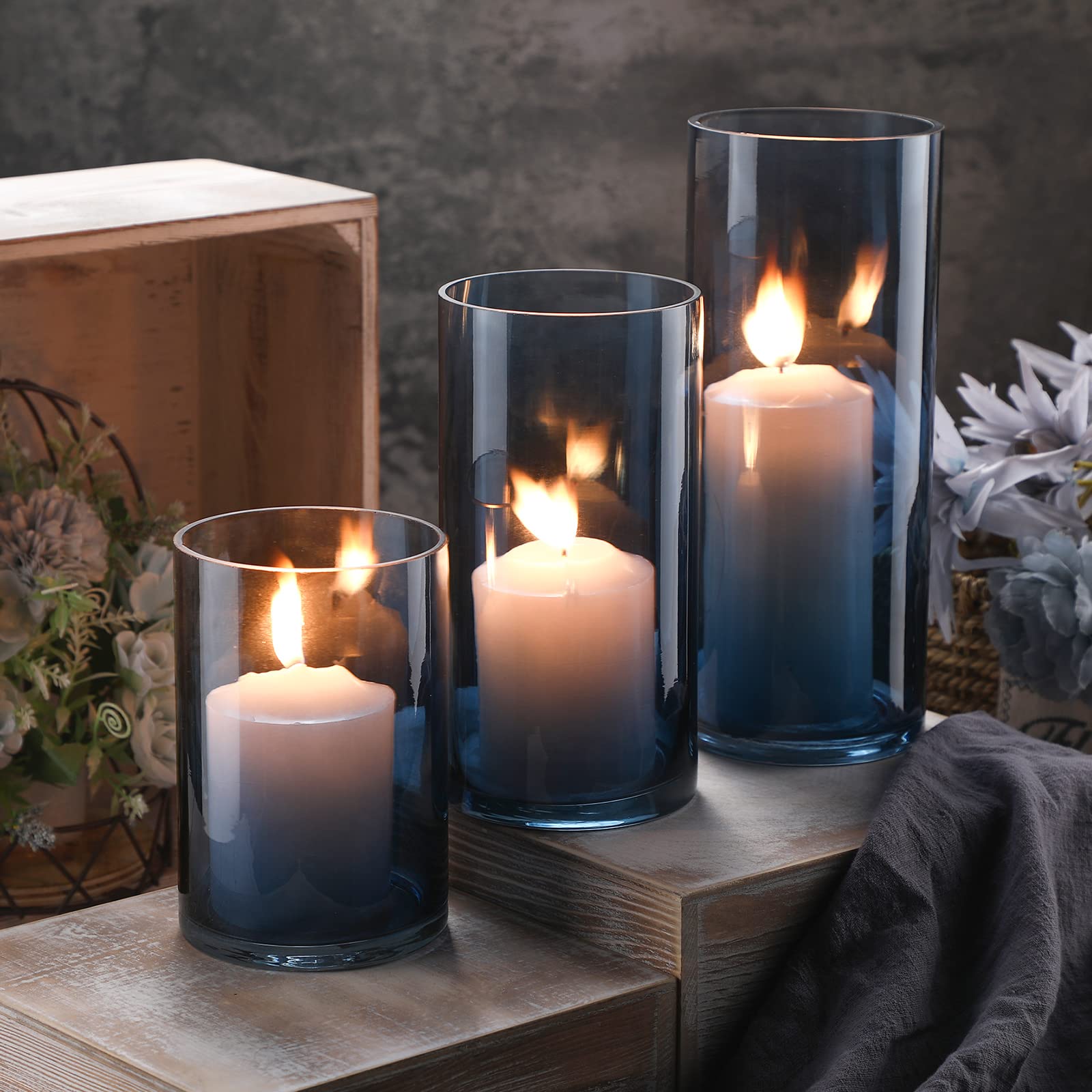 Photo 1 of *** CHECK COMMENTS*** Set of 3 Blue Clear Hurricane Candle Holder Glass Cylinder Vases 6, 8, 10 Inches Height Hurricane Vases for Centerpieces Home Table Decor