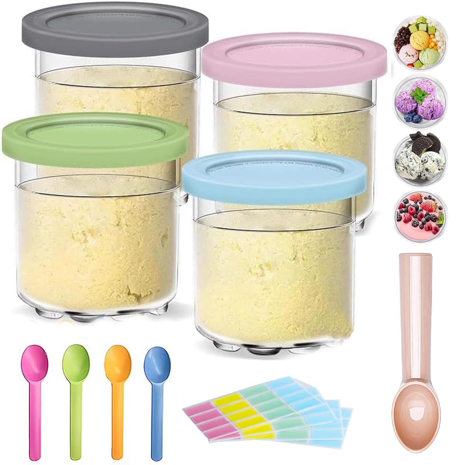 Photo 1 of 4 Pack Containers Replacement for Ninja Creami Pints and Lids with with NC299AM C300s Series, 16oz Creami Deluxe Pint Containers with label, ice cream scoop, Ninja creami pint containers