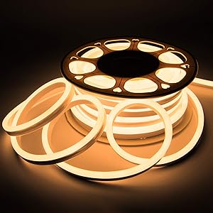 Shine Decor Connectable LED Neon Rope Lights Cold-Resistant, AC110V-120V 50FT Neon Strip Lights 3000K Warm, 8x16mm Cuttable Waterproof 120LEDs/M Indoor Outdoor LED Neon Lights for Lighting Decoration