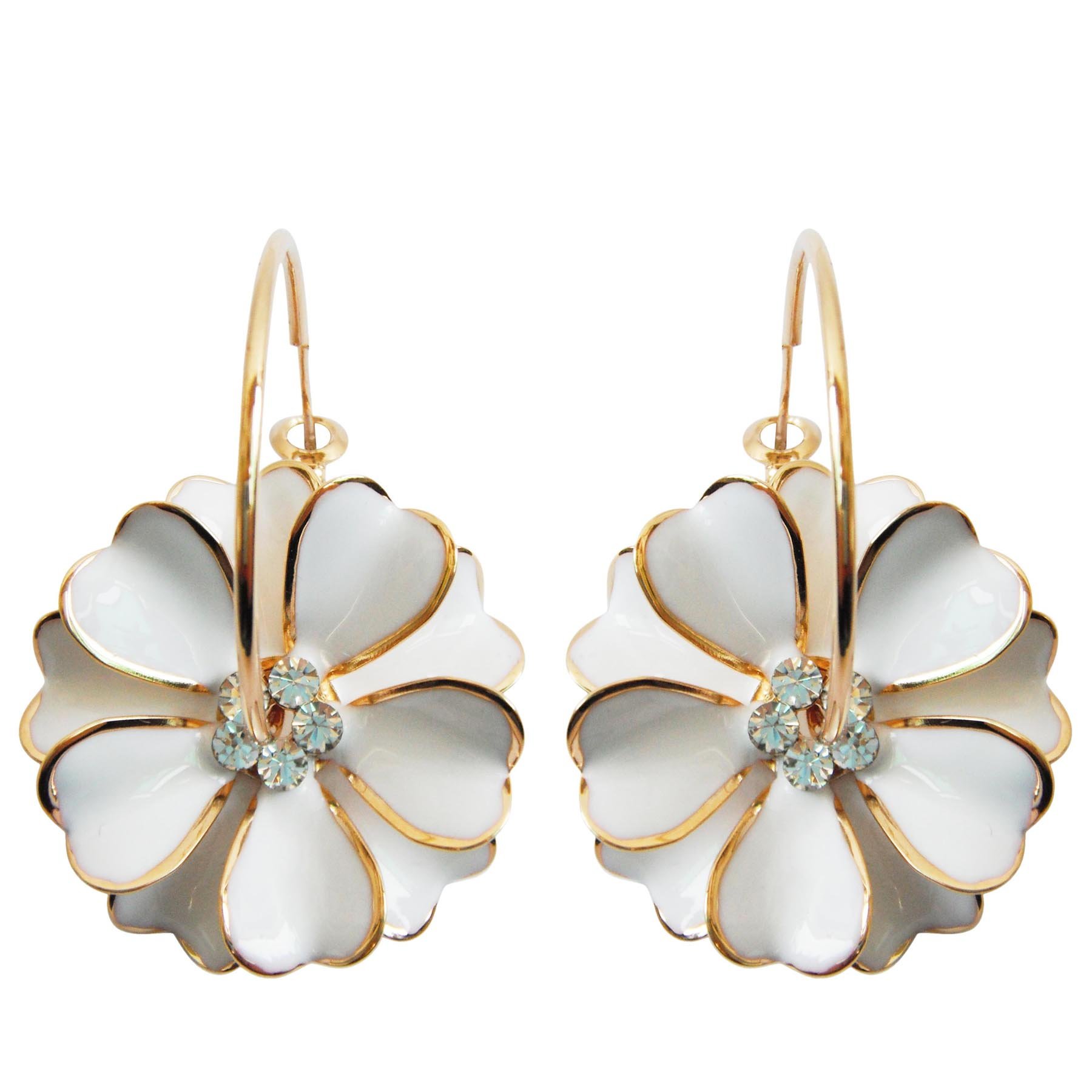 Navachi 18k Gold Plated White Enamel Flower Crystal Az2461e Hoop Earrings(dia. 3cm)