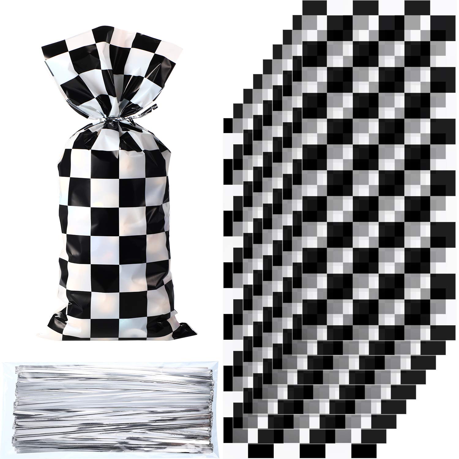100 Pieces Cellophane Car Candy Bags Black White Checkered Racing Treat Bags Plastic Race Gift Goodie bags Food Storage Bags for with 100 Pieces Silver Twist Ties for Cars Birthday Party Decorations