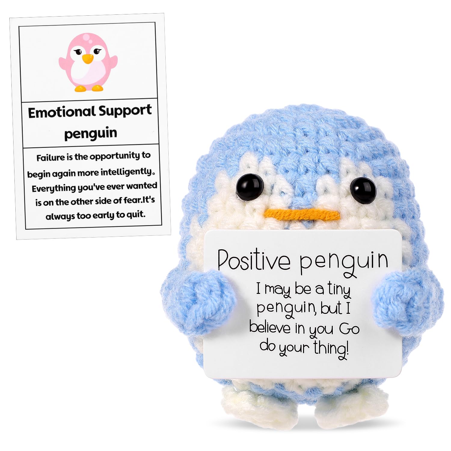 lasuroa Funny Positive Penguin, 2.56 Inch Knitted Penguin Toy with Positive Card Creative Cute Woolen Positive Penguin Crochet Doll Gift for Friends Encouragement Party Decoration