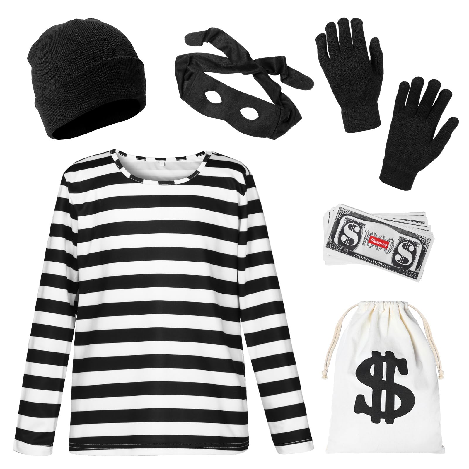 Suffolly Robber Costume,Burglar Costume Kids,Boys and Girls Prisoner Postume with T Shirt+Beret+Eye Mask+ Gloves+Swag Bag,Costumes for World Book Day(Suit A,110)