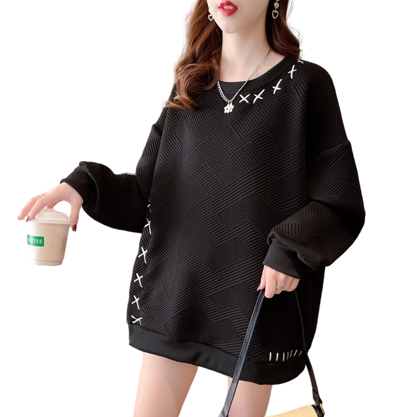 Women's Sweatshirt, Hoodie, Sweatshirt, Long Sleeve, Round Neck, Pullover, Top, Embroidery, Loose, Large Size, Simple, Casual, Solid, Korean, Body Cover, Slimming, Spring, Autumn, Winter