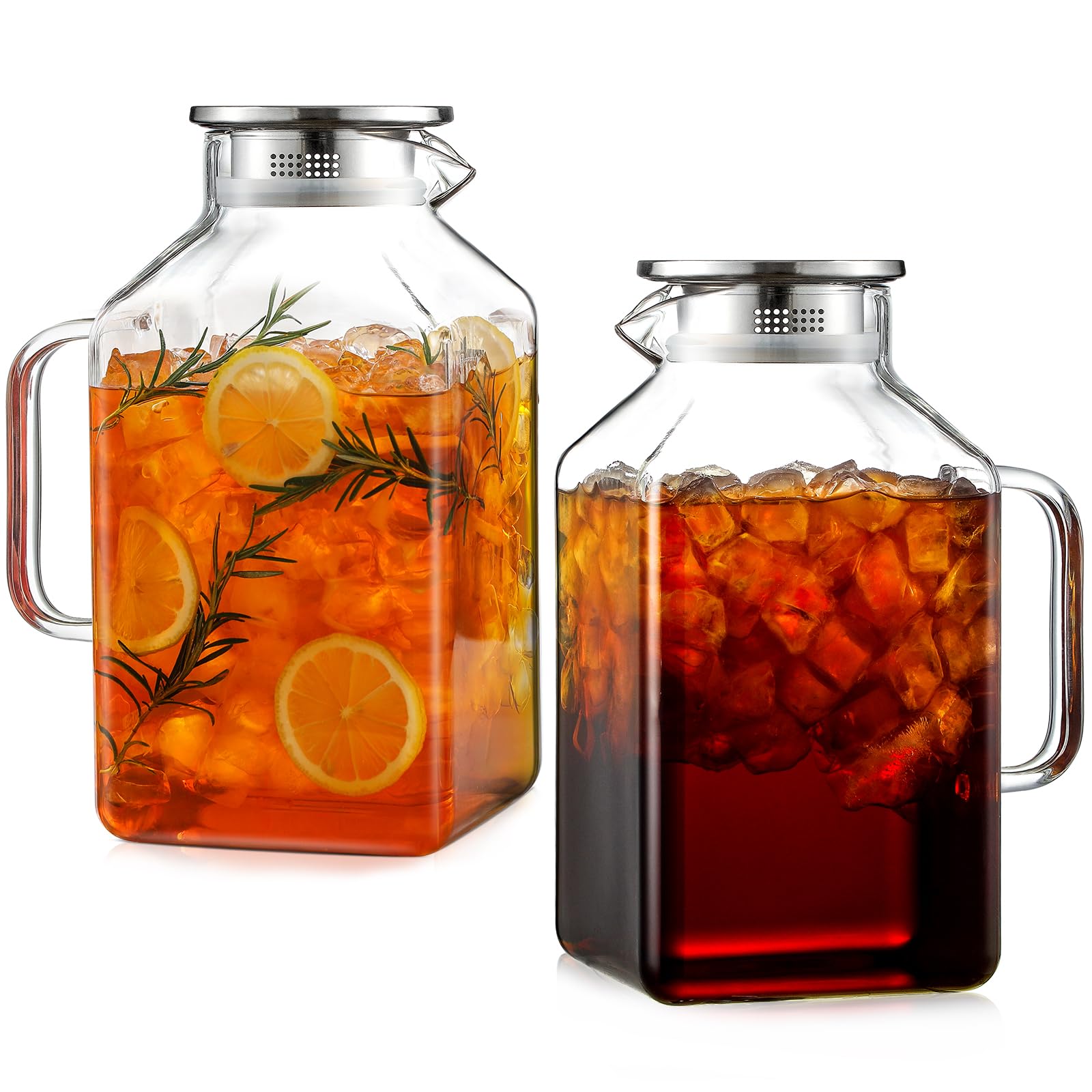 Photo 1 of ***Partial set - MISSING 1 PACK*** 
2 Pack 1 Gallon Square Glass Pitcher with Lid and Spout, Borosilicate Glass Carafe for Hot/Cold Drink, Water Pitchers with Handle for Fridge, Extra Large Jug for Iced Tea, Coffee, Juice, Beverage