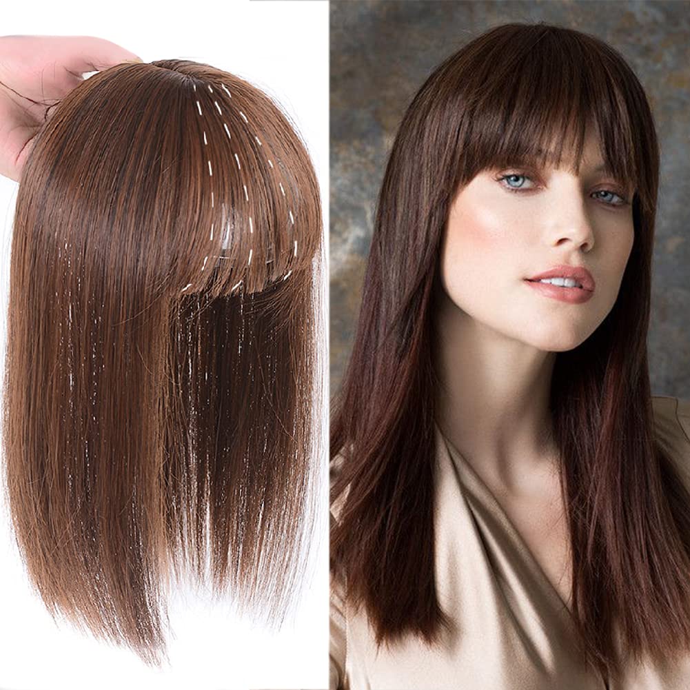 Remeehi 35cm Synthetic Seamless Hair Replacement Mono Hairpiece for Hair Loss Clip in Hair Topper with Flat Bangs Thin Light Brown