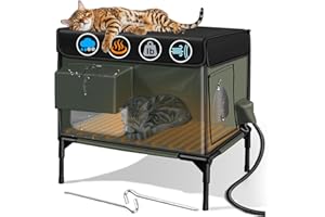 LUBLACET Heated Cat House for Outside Cat Insulated in Winter,Fully Waterproof,with Adjustable Awning,Escape Door,Indoor Outdoor Cat Shelter for Feral Stray Barn Cat to Stay Warm & Dry,Olive/Black,M-13x21x20in