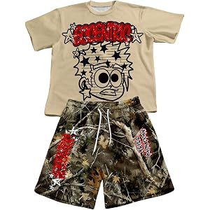 SOLY HUX Men's Y2k Tracksuits Streetwear Graphic Short Sleeve T Shirt and Camo Shorts Two Piece Set