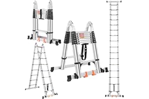 DEZEX Telescoping Ladder A Frame 16.5 FT,Aluminum Extension Ladder with Balance Bar,Wheels and 2 Triangle Stabilizers,330lbs Capacity Collapsible Telescopic Foldable Ladder for Home Outdoor