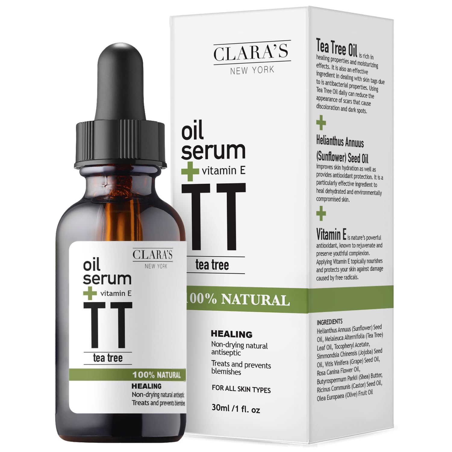 Clara's New York Healing Tea Tree Facial Oil Serum with Vitamin E Oil, Natural Hydrating Face Serum, Helps to Calm and Prevent Blemishes, Suitable For All Skin Types 30ml