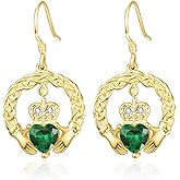 TANGPOET Claddagh Birthstone Earrings for Women 925 Sterling Silver 18K Gold Plated Irish Celtic Jewelry Valentines Christmas Birthday Gifts for Her