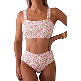 Fanuerg Women's High Waisted Bikini Sets Wide Straps Two Piece Swimsuit Floral Print Bathing Suits