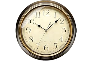 Plumeet Small Metal Wall Clock, 10'' Non Ticking Classic Silent Iron Wall Clocks Decorative Kitchen Living Room Bedroom, Arabic Numerals, Battery Operated (10'', Brown)