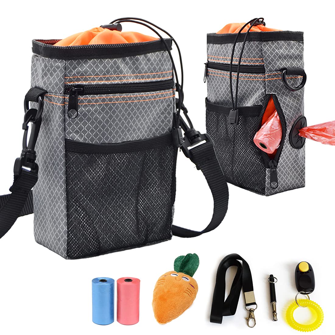 TVMALL Dog Training Treat Bag with Poop Bag Holder Waterproof Dog food Storage Bag Training Pouch with Adjustable Belt Shoulder Strap Easy to Carry Free Dog Plush Toys clicker two Garbage bags