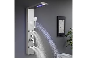 POPFLY Shower Panel, LED Rainfall & Waterfall Shower Head, 5-in-1 Shower System with Body Massage Jets, Handheld Spray, Tub Spout, Stainless Steel Wall Mounted Shower Tower, Brushed Nickel
