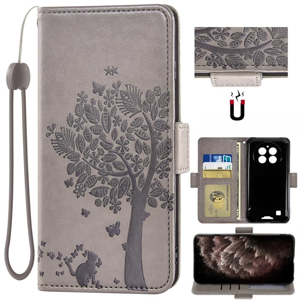 Auotu PU Leather with camera lens protection Wallet Pouch Flip Case Cover With Stand Card Slot Design For Oukitel WP28 / WP28E / WP28S / OUKITEL G1 Smartphone (Gray With Tree Pattern)