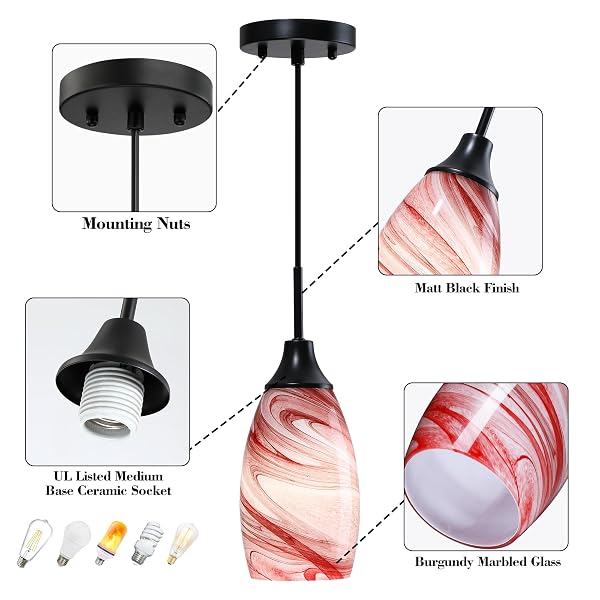 VIINEW MINI GLASS PENDANT LIGHT,3-PACK HANDBLOWN BURGUNDY MARBLE ART GLASS HANGING LIGHT 4.72″ OVAL CEILING HANGING LIGHT FIXTURE FOR DINING ROOM KITCHEN ISLAND CAFE FOYER HALLWAY