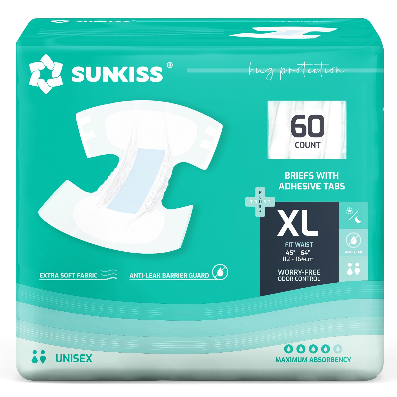 Photo 1 of SUNKISS TrustPlus Adult Diapers with Maximum Absorbency, Unisex Disposable Incontinence Briefs with Tabs for Men and Women, Odor Control, XLarge, 60 Count (4 Packs of 15)