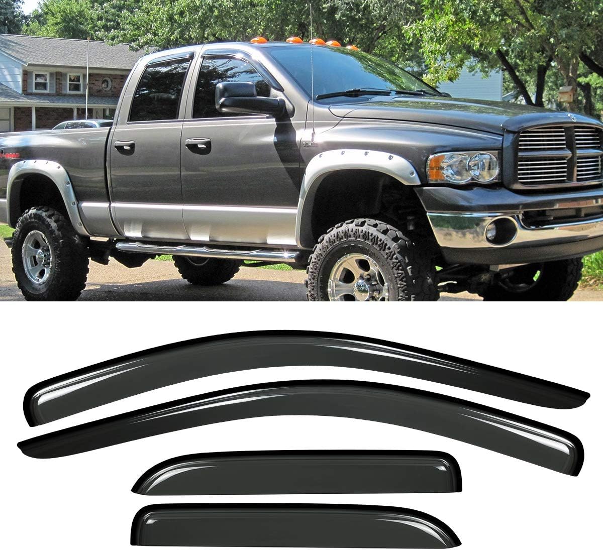 New 4pcs for 02-08 Ram 1500 03-09 2500/3500 Quad/Crew Cab Dark Smoke Out-Channel/Outside Mount Style Wind Sun Rain Guard Vent Shade Deflector Window Visorss