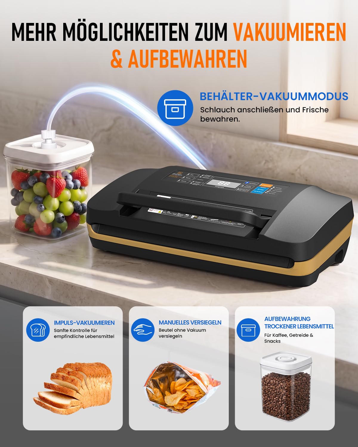 AbleMark Vakuumiergerät für Lebensmittel, 95 kPa Profi Vakuumierer 18-in-1, doppelte Schweißnaht, Folienschweißgerät & Einschweißgerät mit Cutter, Rollenfach, Trocken-/Feucht-Modus für Sous Vide 9