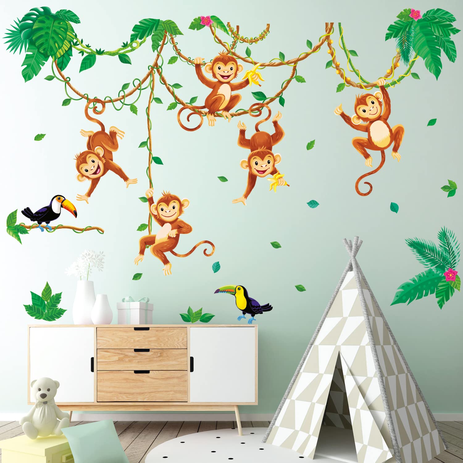 DECOWALL WL4-2013 Monkeys in Jungle Kids Wall Stickers Decals Peel and Stick Removable for Nursery Bedroom Living Room Art murals Decorations