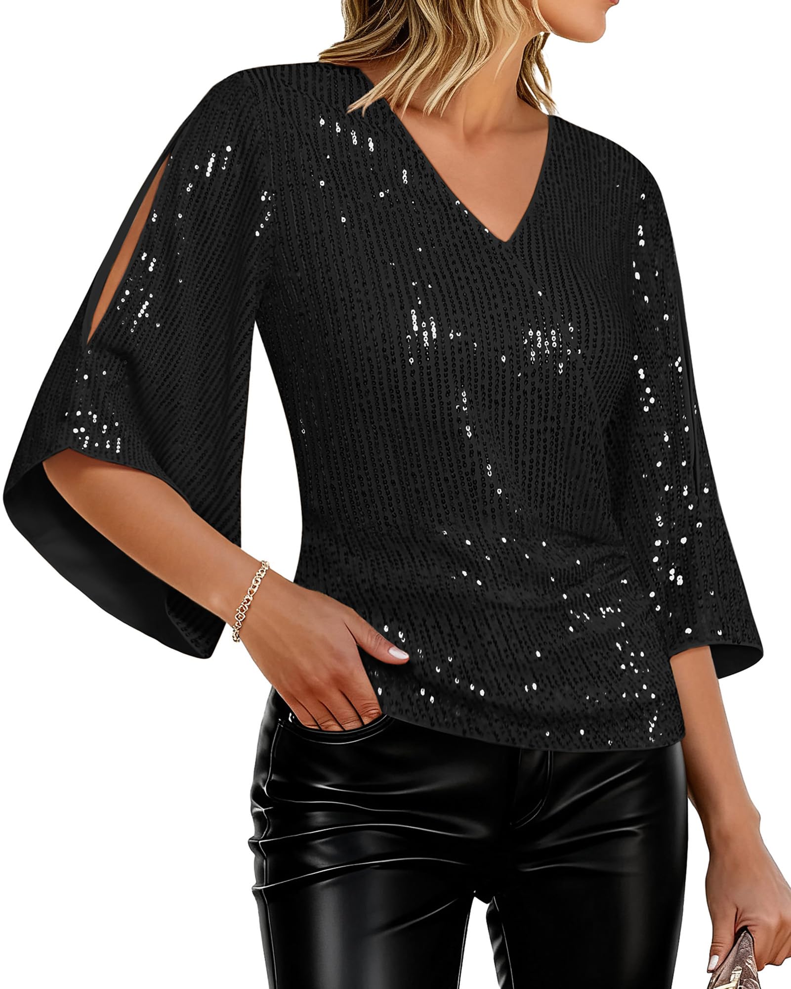 Photo 1 of GRACE KARIN Women Black Sequin Top 3/4 Bell Sleeve Dressy Blouse Sparkle Sexy Shirts for Party Club Night S
