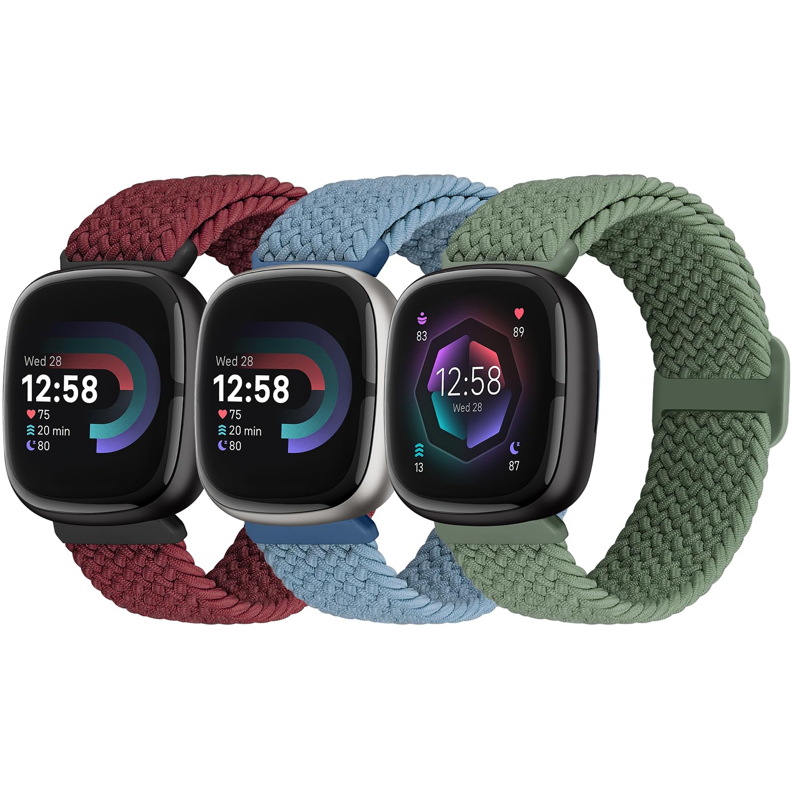 Yunshare Elastic Braided Solo Loop Band Compatible with Fitbit Versa 4/Fitbit Sense 2/Fitbit Versa 3/Fitbit Sense, Stretchy Straps Nylon Sport Wristband for Women Men, 3 Packs — image 1