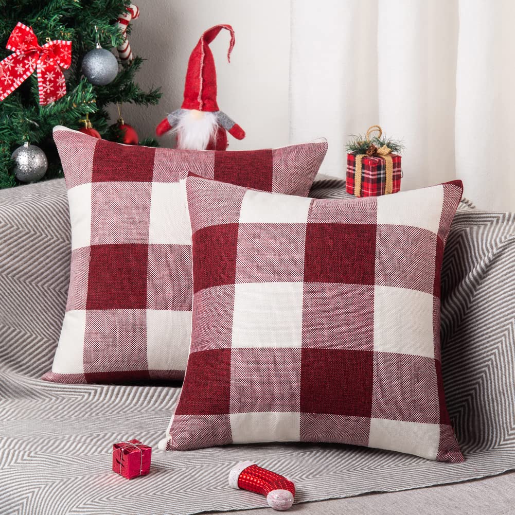 ORANIFUL Buffalo Check Cushion Covers 60cm x 60cm set of 2 Linen Decorative Square Tartan Throw Pillow Case for Sofa Couch Bed Home Decor Car 24x24 Inches (Red & White)