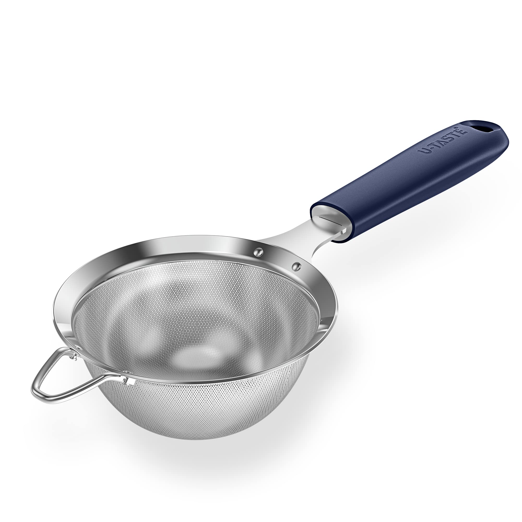18/8 Stainless Steel Mesh Sieve: U-Taste Kitchen Metal Fine Mesh Sieve Strainer with Riveted Sturdy Silicone Handle and 30 Mesh Hole for Straining Flour, Tea, Coffee, Juice (Midnight Blue, 9.9 cm)