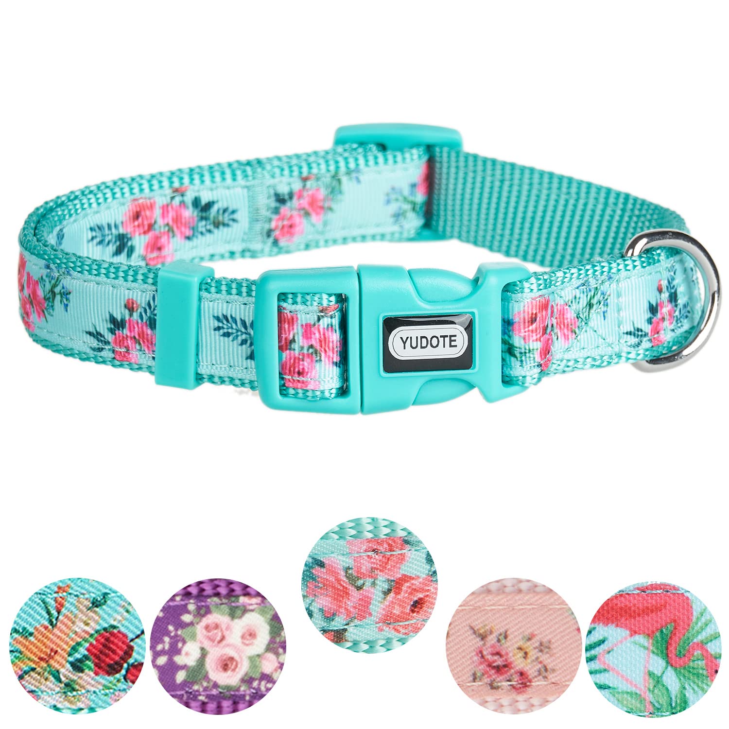 YUDOTE Dog Collar Large Soft Strong Mint Green Nylon with Floral Printed Ribbon for Active Canines Neck 40-66cm