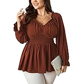 SCOMCHIC Womens Plus Size Tops Long Sleeve Blouse Ruffle Sweetheart Neckline Smocked Peplum Babydoll Top