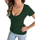 Rooscier Women's Deep V Neck Short Sleeve Slim Fit Basic Sexy Summer Tee T Shirt Blouse Top