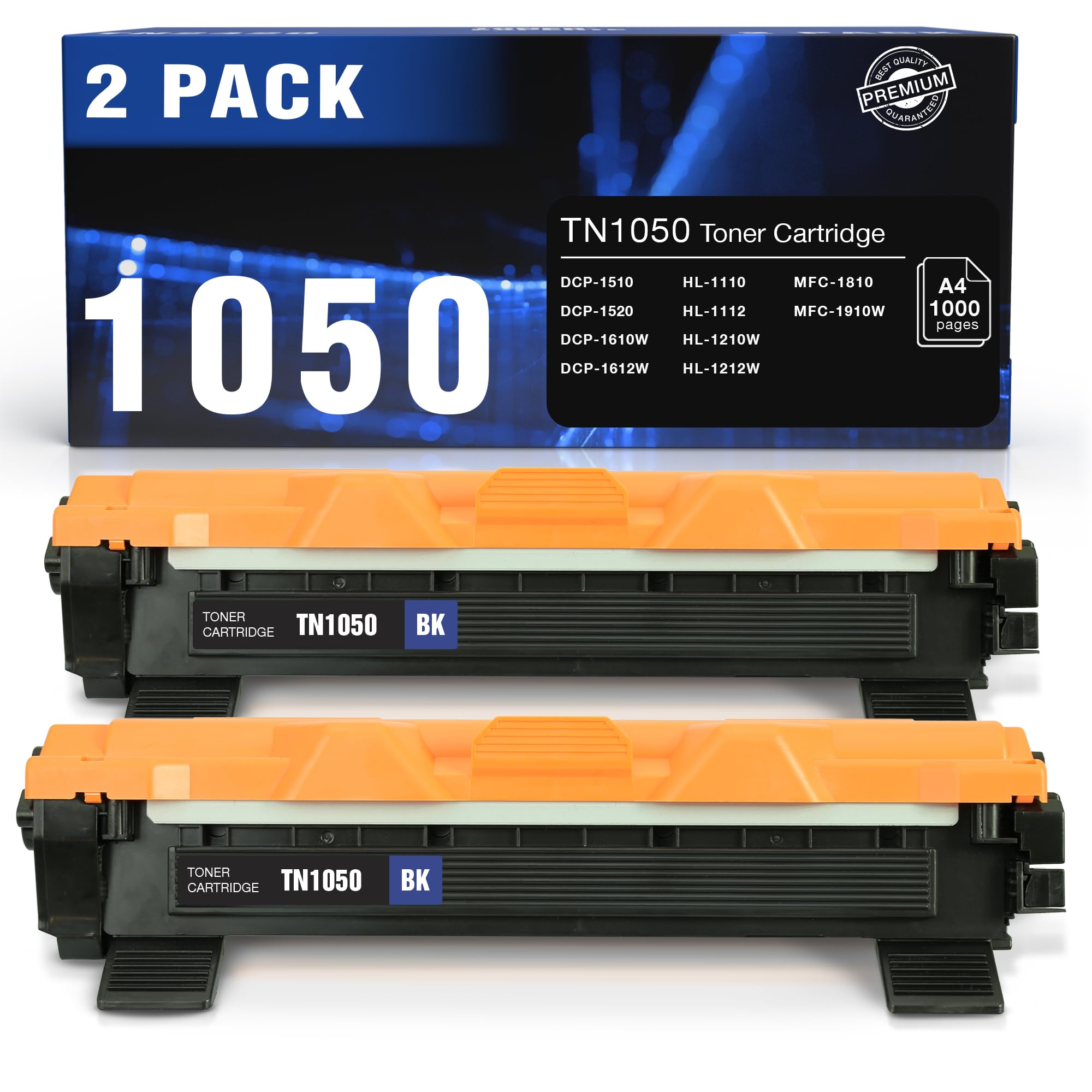 2 Pack Black Toner Cartridge for Brother TN-1050 Replacement for Brother HL-1110 1112 1210W 1212W, DCP-1510 1512, 1610W, 1612W, MFC-1910W 1810 Printer, High-Yield