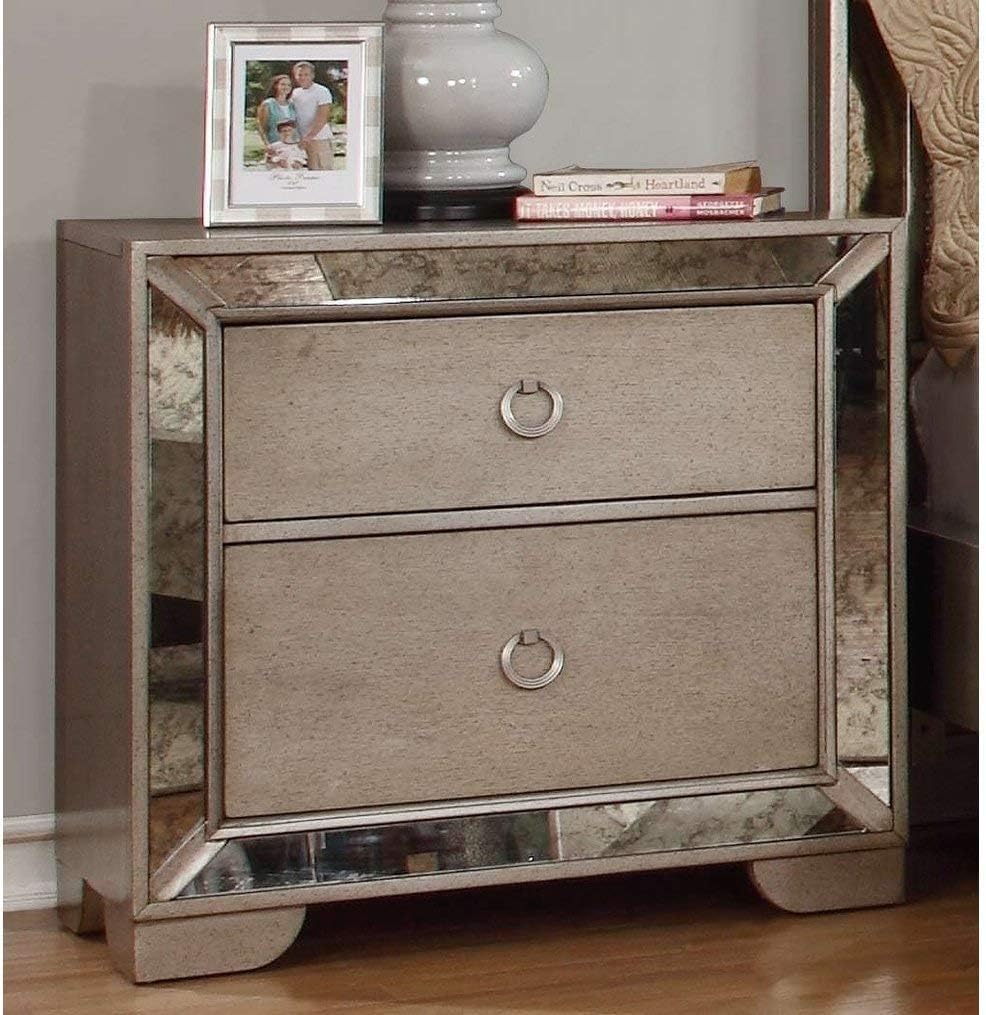 Queen Silver//Bronze Best Master Furniture Ava Mirrored 6 Pcs Bedroom Set with 5 Drawer Chest