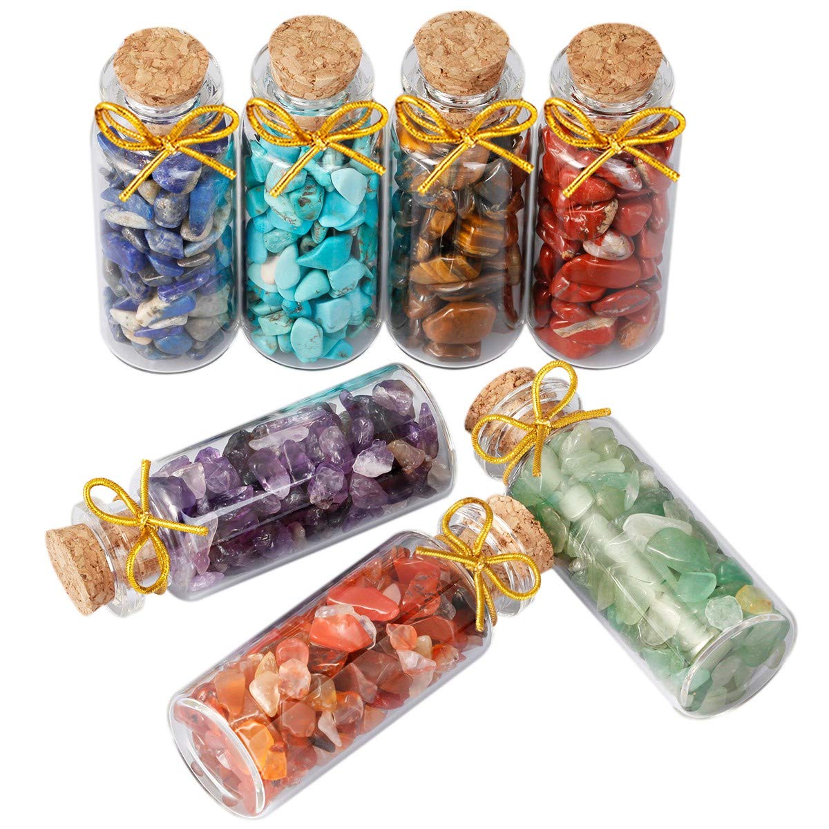 mookaitedecor 7 Chakra Crystals Set Tumbled Stone Chips Large Crystal Wishing Bottles Healing Crystal Gifts Set, Crushed Crystal Chips Bottles Chakra Stones Set Colourful Crystal Room Decors