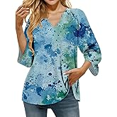Women's T Shirt Summer Loose Fit V Neck Tee Boho Stylish Hawaiian Beach Vintage Comfy Breathable Flowing Casual Undershirts Quick Dry 3/4 Sleeve Blouses Blue,S