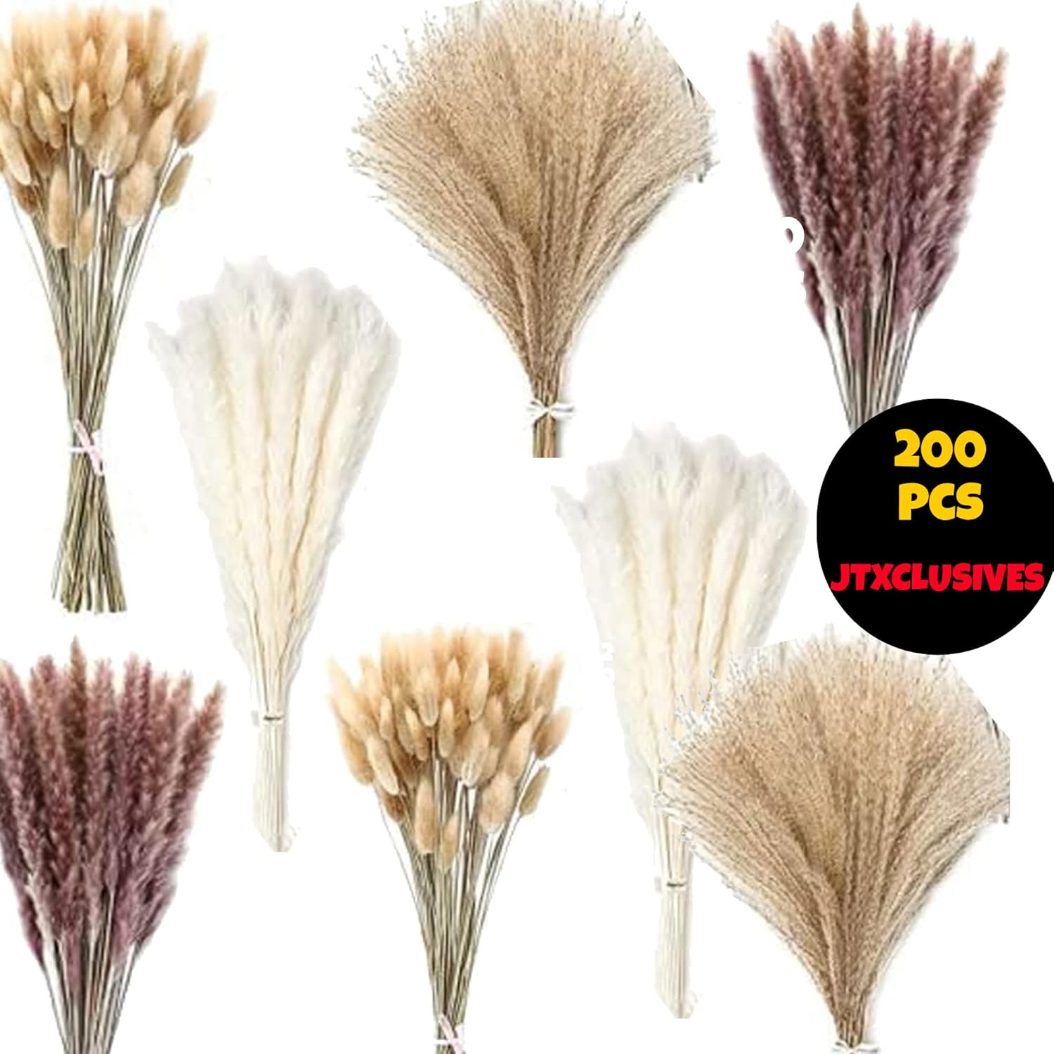 Dried & Preserved Flora - 200 Pieces Pampas Grass Dried Pampas Grass Arrangement,100Pcs Bunny Tail, 60 Pcs Natural Dried Feather Grass, 20 Pcs White Pampas Grass Decoration, 20 Reed & Dried Grasses for Wedding Home Decor