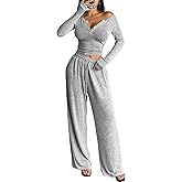 Pajamigols 2 Piece Sets for Women Fall Outfits 2025 Trendy Lounge Sets Long Sleeve Top Wide Leg Pants Women's Pant Sets