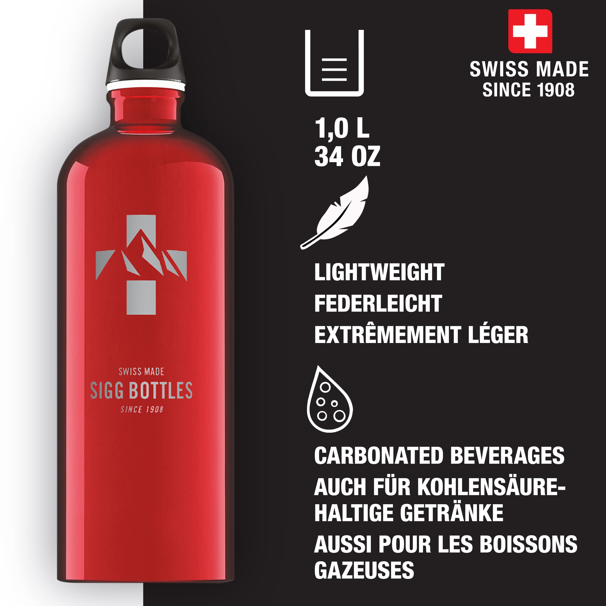 Sigg - Alu Trinkflasche - Traveller Mountain Red - Klimaneutral Zertifiziert - Für Kohlensäurehaltige Getränke Geeignet - Auslaufsicher - Federleicht - BPA-frei - Outdoor - Rot - 1L 2