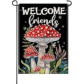 Artofy Welcome Friends Mushroom Small Decorative Garden Flag, Fall Fantasy Night Fairy Botanical Yard Lawn Outside Decor, Autumn Magic Fern Plant Burlap Outdoor Home Decoration Double Sided 12 x 18