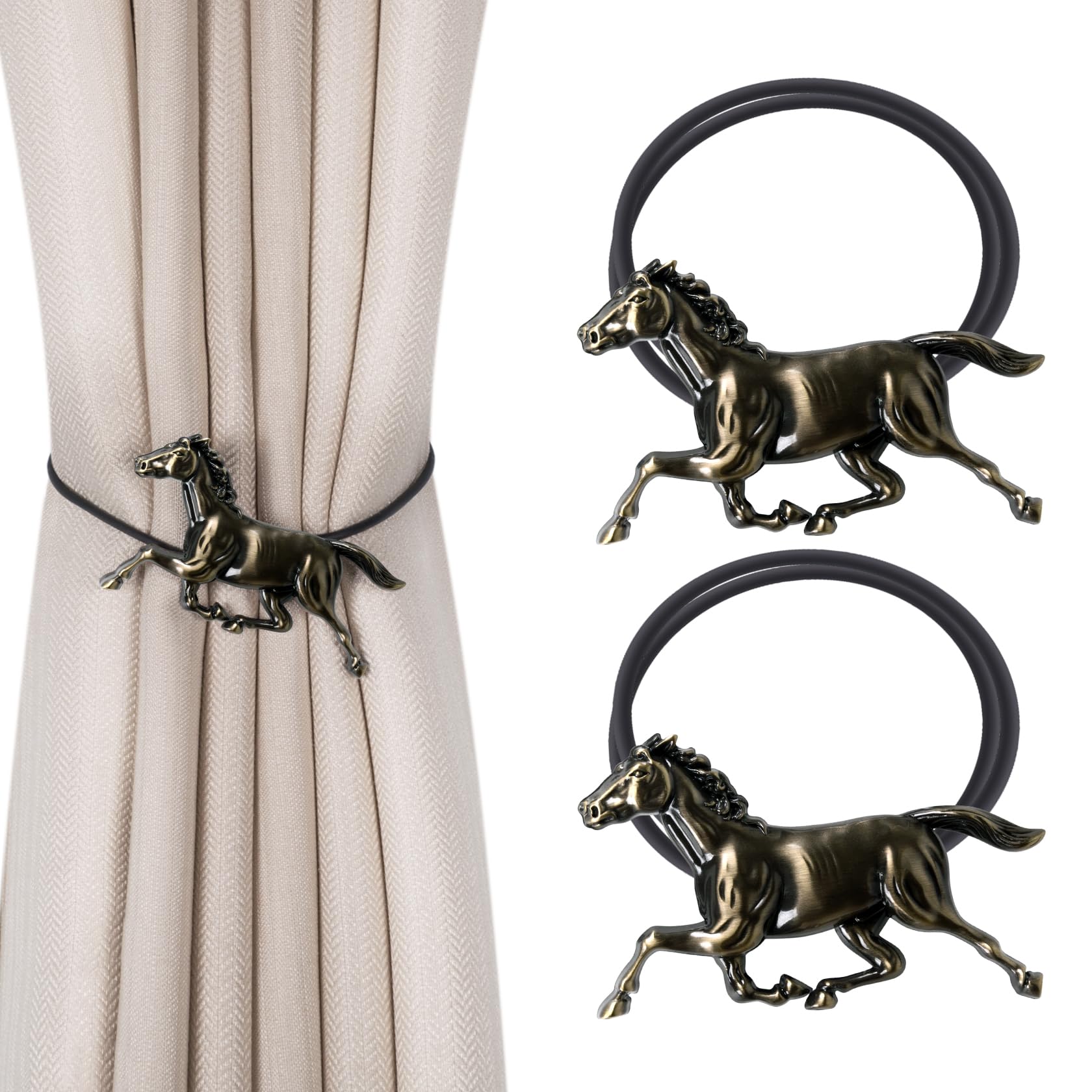 Dalababa Magnetic Curtain Tiebacks, 2 Pcs Horse-shape Curtain Tie Backs, Retro Drapery Holdbacks Rope Holder Straps Buckles for Cafe Balcony Home Decor - Bronze