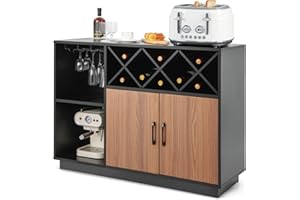 LOKO Buffet Cabinet with Storage, Modern Kitchen Storage Cabinet with Removable Wine Rack & 3-Row Wine Glass Holder, Rustic Credenza Wine Bar Cabinet with Adjustable Shelf, 45.5 x 15.5 x 32 Inches