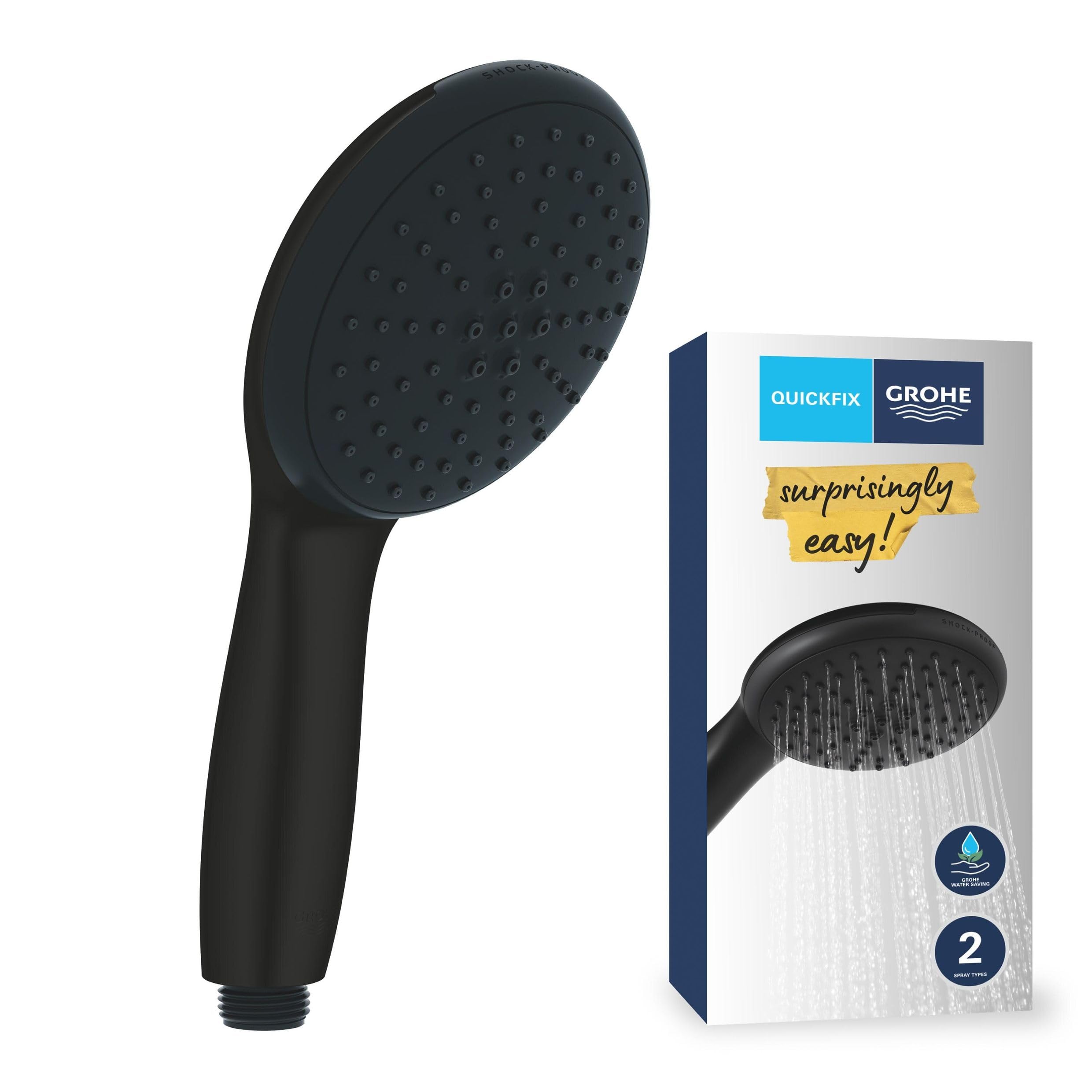 GROHE Vitalio Start 110 QuickFix - Hand Shower (Round 11 cm Shower Head 2 Sprays: Rain & Jet, Water Saving, Anti-Limescale System, Silicone Ring, Universal Mounting System), Matt Black, 279462431