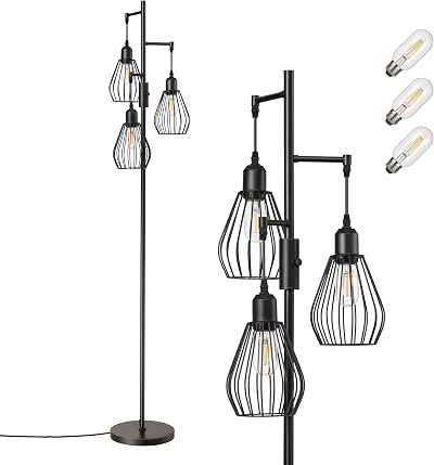 EDISHINE Industrial Floor Lamp Dimmable Wire Cage 3 LED Bulbs Included