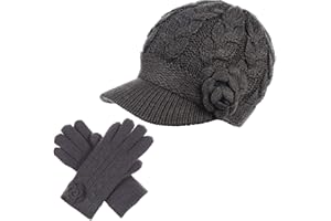 BE YOUR OWN STYLE Womens Winter Elegant Cable Flower Knitted Newsboy Cabbie Cap Beret Beanie Hat with Visor, Warm Plush Fleece Lined