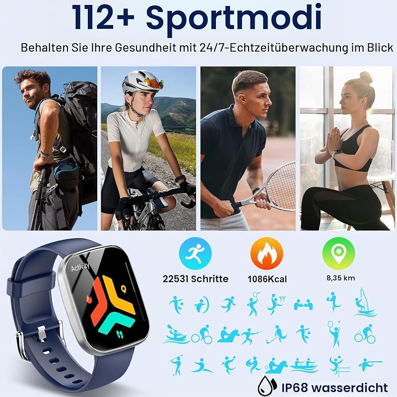 Smartwatch Damen Herren, 1,91" HD Touchscreen Smart Watch mit Telefonfunktion, 112+ Sportmodi Sportuhr, IP68 Wasserdicht Fitnessuhr mit Schrittzähler/Herzfrequenzmonitor/Schlafmonitor Stahlblau