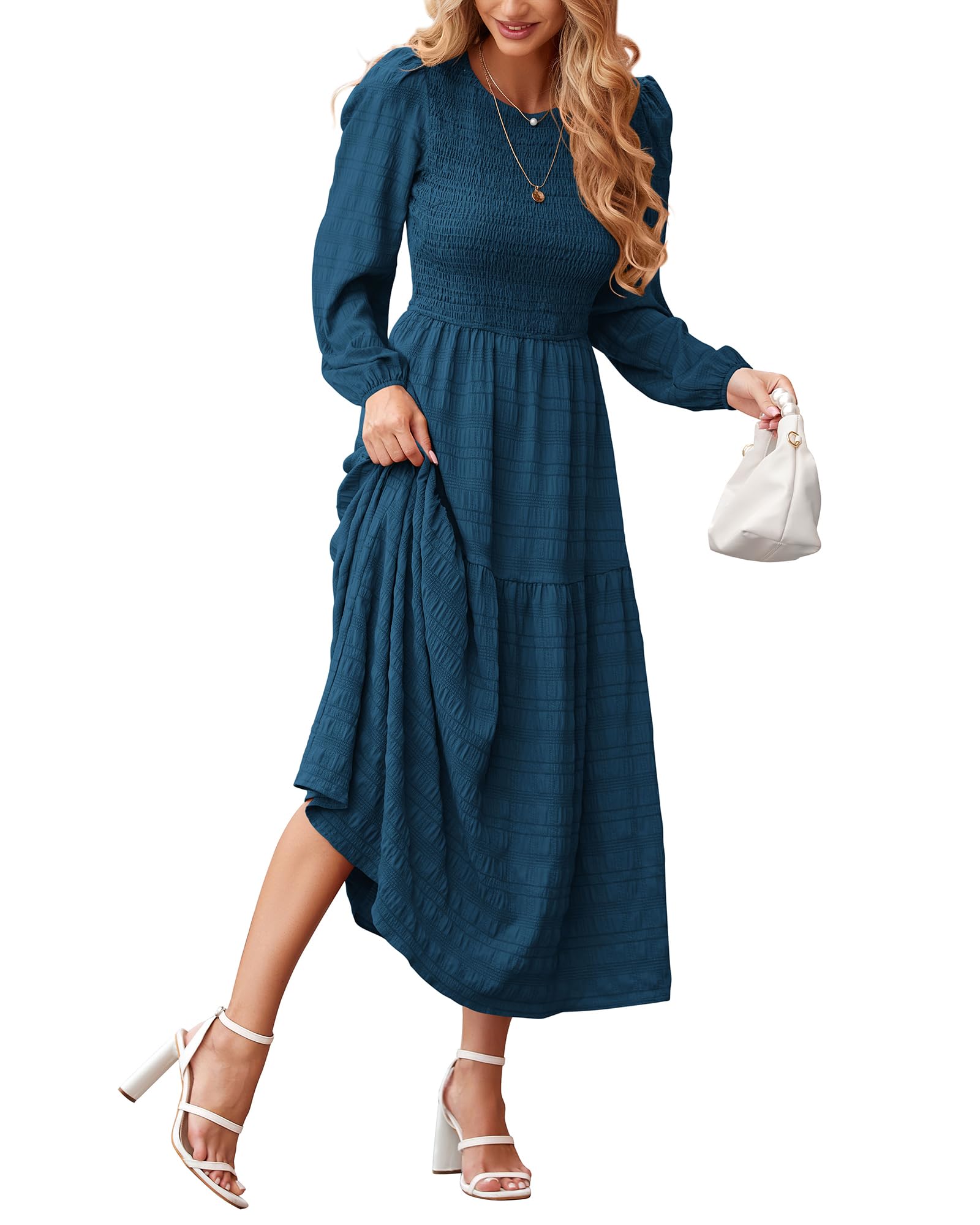 Photo 1 of dowerme Women's Dresses 2025 Fall Puff Long Sleeve Crewneck Smocked Tiered Flowy A-Line Boho Wedding Party Maxi Dress(Lake Blue,Medium)